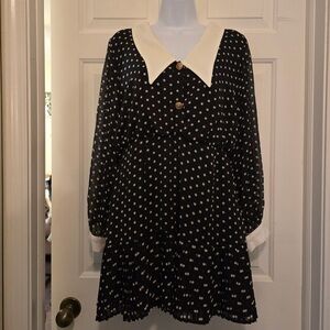 Zara Black Polka Dot Dress Sz XL White Collar & Cuffs NEW Stretch Waist Pleated